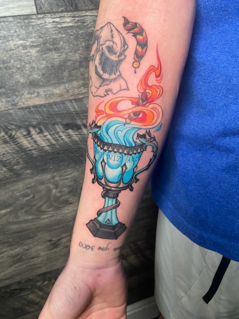 Color Harry Potter goblet of fire forearm tattoo at Darkstar Tattoo Riverside CA