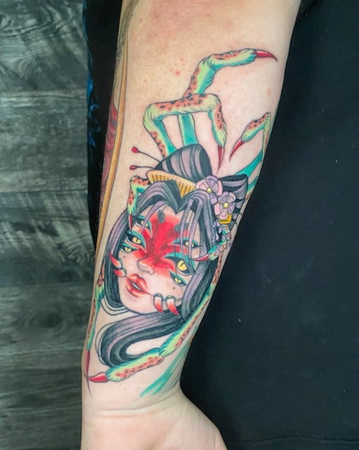 Japanese color geisha forearm tattoo at Darkstar Tattoo Riverside CA