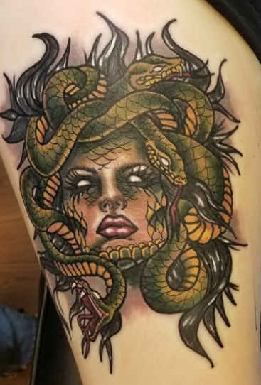 Neo traditional color Medusa tattoo at Darkstar Tattoo Riverside CA