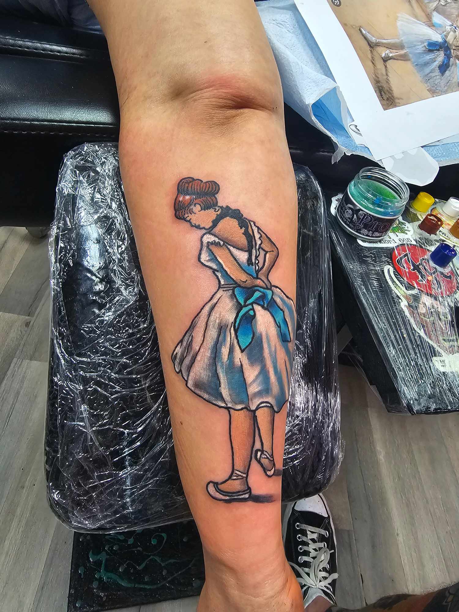 Color ballerina leg tattoo at Darkstar Tattoo Riverside CA