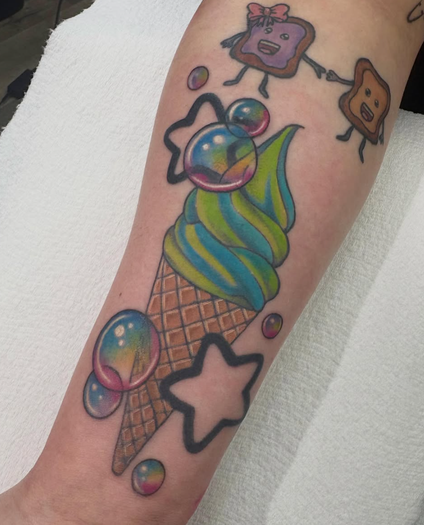 Colorful ice cream and toast illustrative tattoo by Looney at Darkstar Tattoo Riverside CA