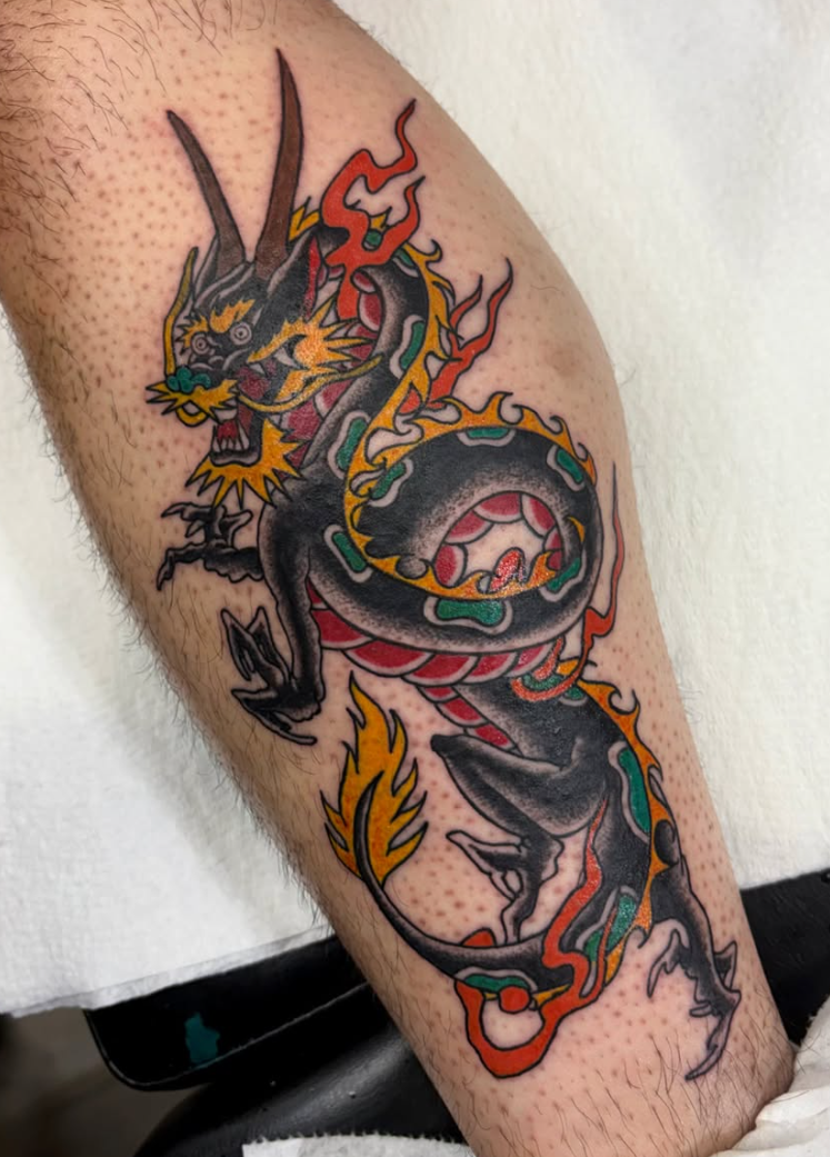 Japanese color dragon leg tattoo at Darkstar Tattoo Riverside CA