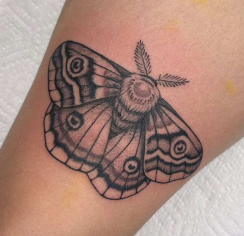 Fine line luna moth geometric tattoo by Looney at Darkstar Tattoo Riverside CA
