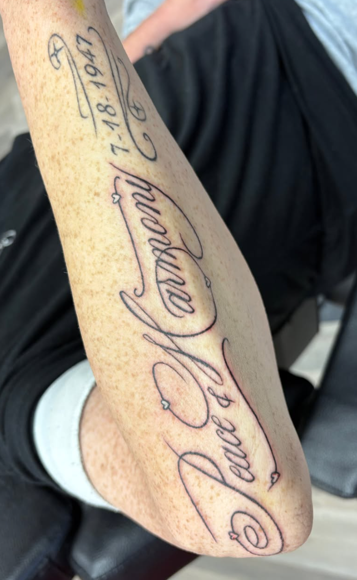 Fine line memorial script forearm tattoo at Darkstar Tattoo Riverside CA