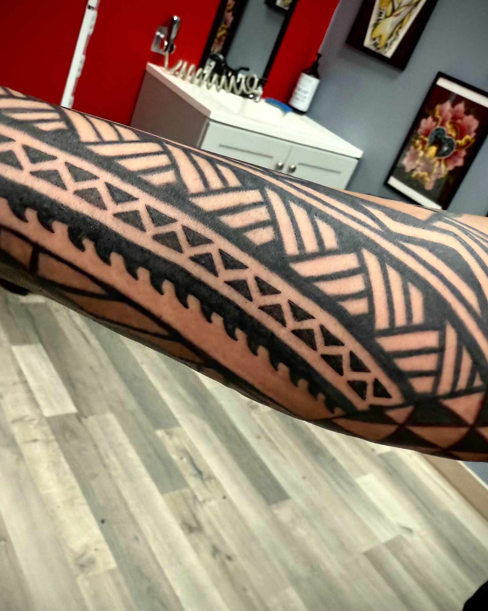 Polynesian tribal arm tattoo at Darkstar Tattoo Riverside CA