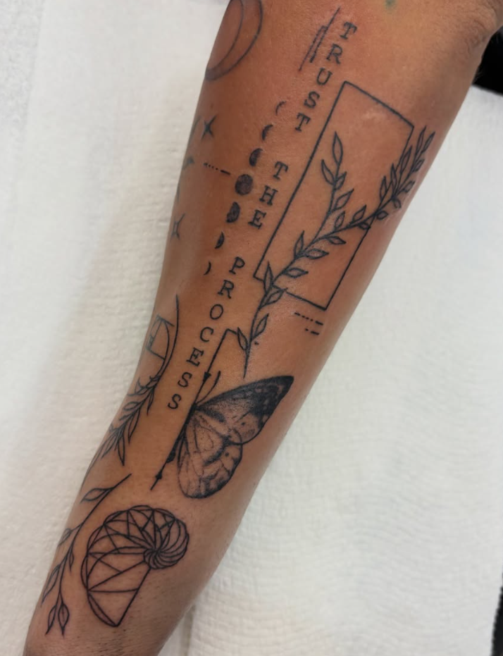 Delicate geometric fine line lettering tattoo by Looney at Darkstar Tattoo Riverside CA