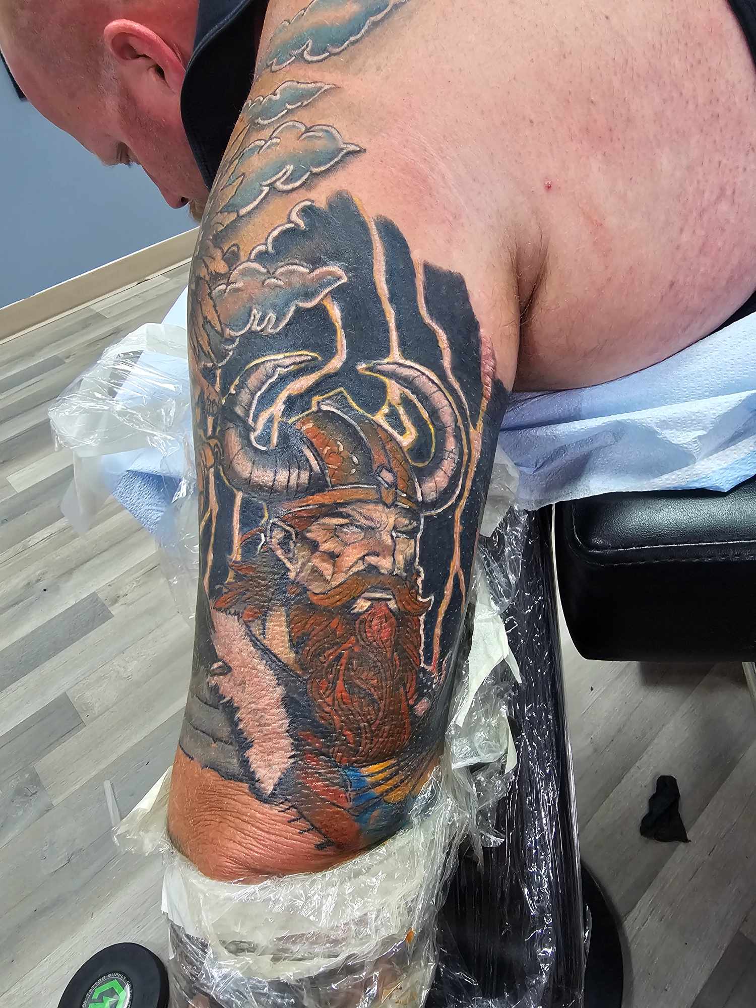 Color viking warrior sleeve tattoo at Darkstar Tattoo Riverside CA