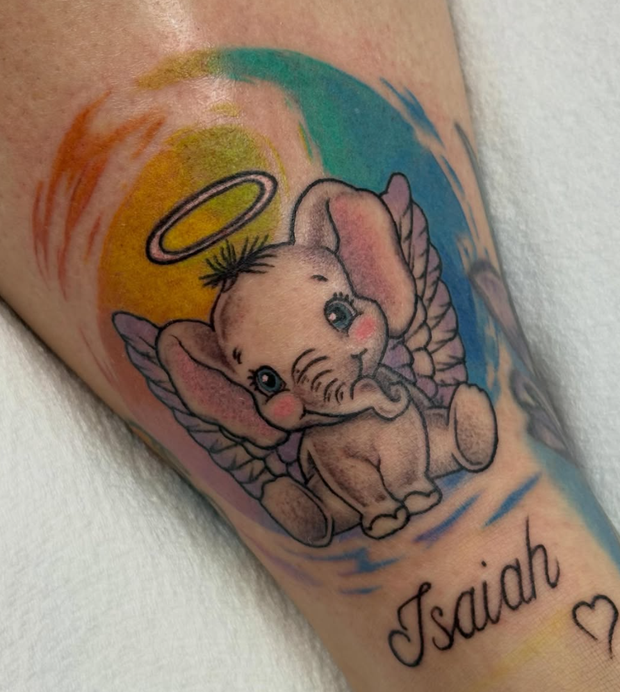 Color watercolor baby elephant memorial tattoo by Looney at Darkstar Tattoo Riverside CA